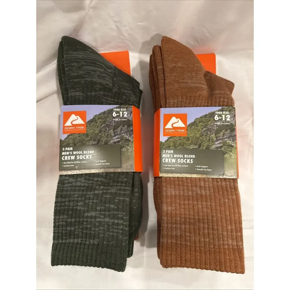 3‎ Pairs Ozark Trail Crew Socks Wool Blend Brown Green Men's Size 6-12 x 2